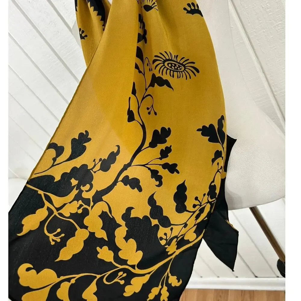 Black Gold Floral Satin Scarf Oblong Wrap Boho Chic Lightweight Statement